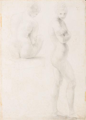 Due figure femminili nude, di cui l’una seduta, di schiena e l’altra stante, di profilo, con le braccia incrociate sul petto